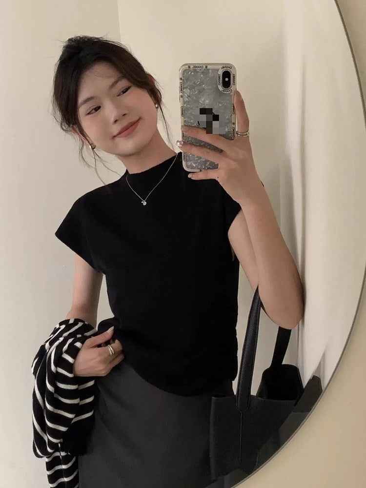 Womens Half-Neck Short-Sleeve T-Shirt Summer Slim-Fit Cropped Knit Top