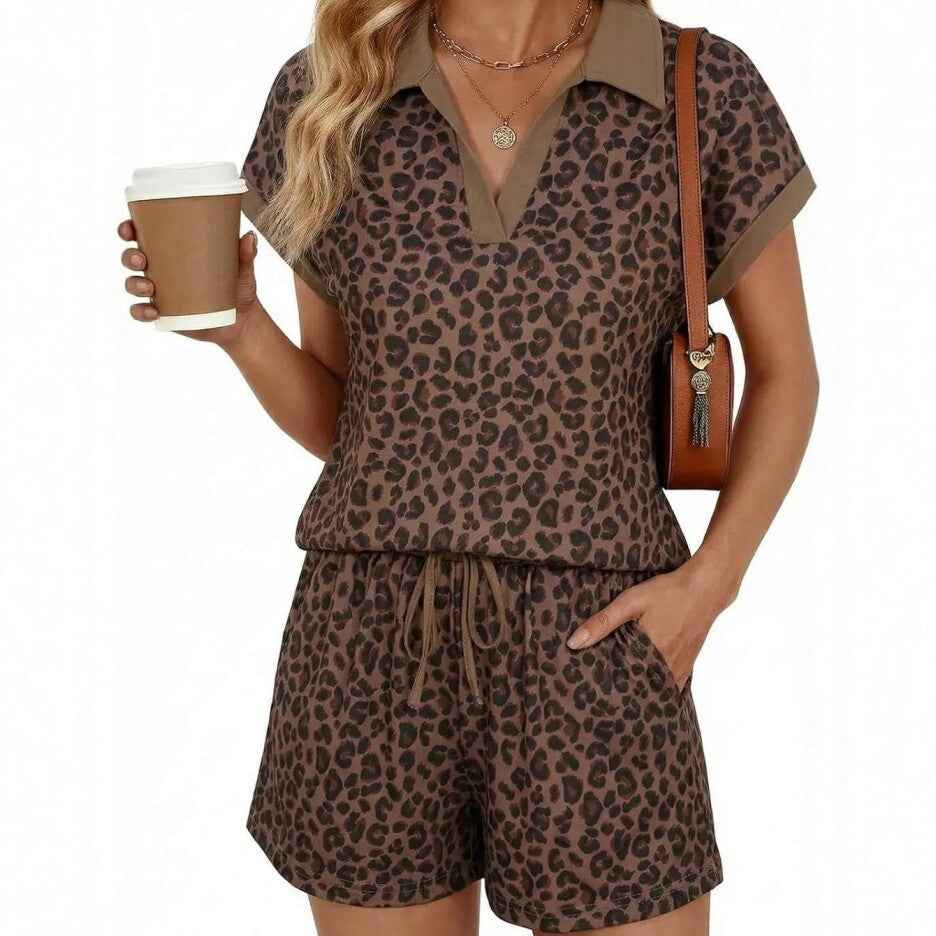 New Womens Leopard-print Short-sleeve And Shorts Set