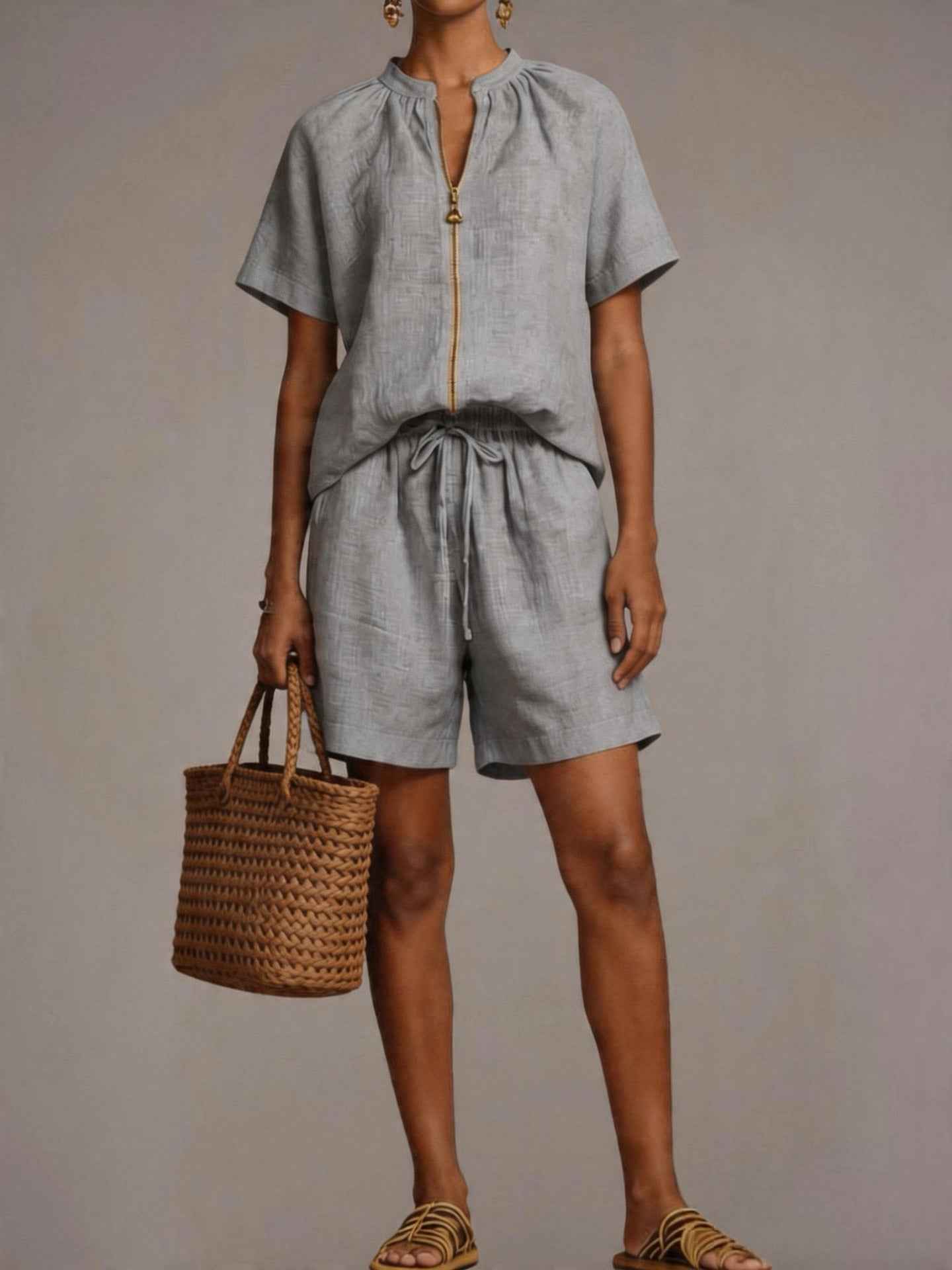 Women's Cotton-Linen Short Sleeve Top & Shorts Set