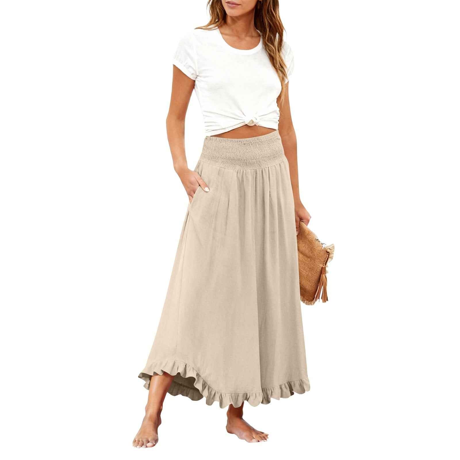 Women's High-Waist Ruffle Hem Midi Skirt – Cotton Linen