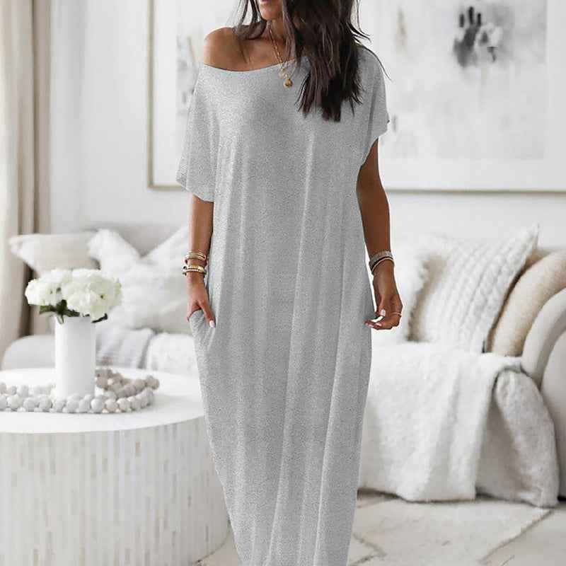 Off Shoulder Short Sleeve Pocket Loose Flowy Maxi Dress