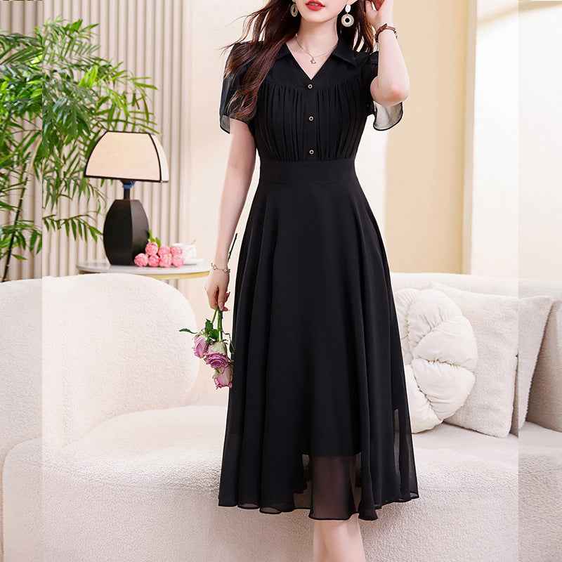 Chiffon Flared Midi Dress – Elastic Waist Cap Sleeve