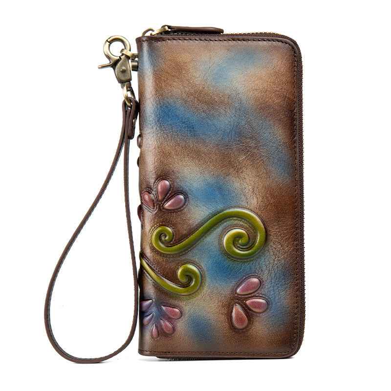 Floral Genuine Leather Zipper Wallet – Retro Style