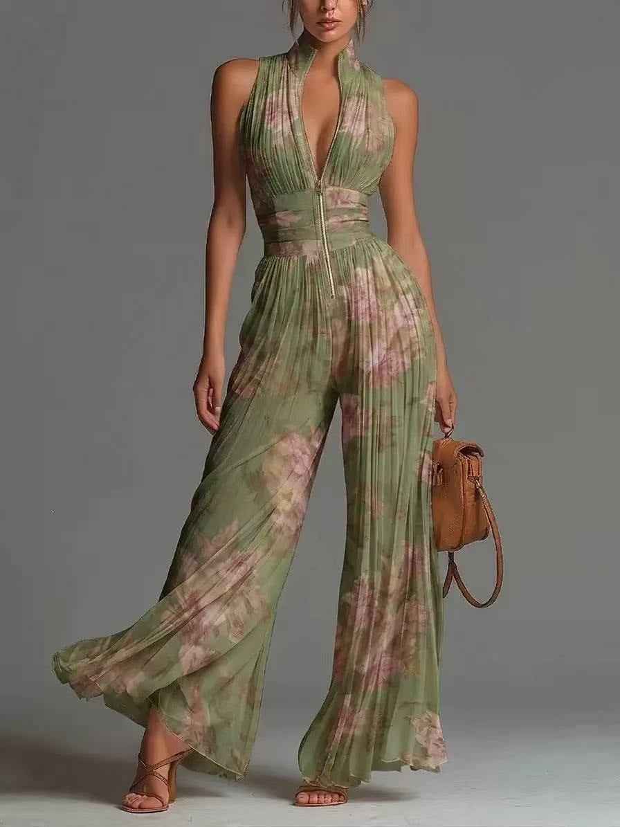 Wide-Leg Jumpsuit – Halter Neck, Deep V, Pleated High Waist & Front Zipper