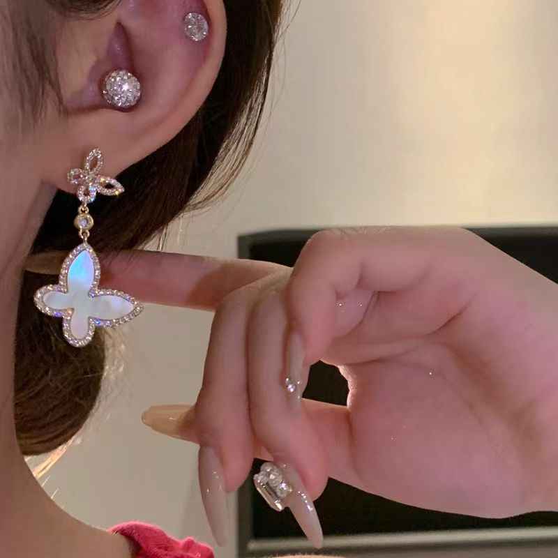 Delicate White Shell Butterfly Studs, Elegant Light Luxury Daily Wear Ear Ornaments