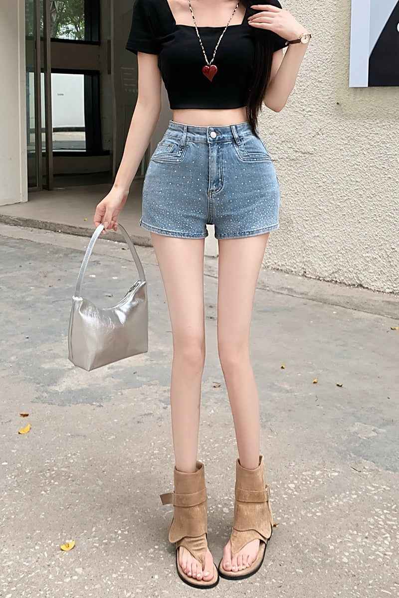 High-Waisted Rhinestone Denim Shorts – Vintage Wash Stretch Denim