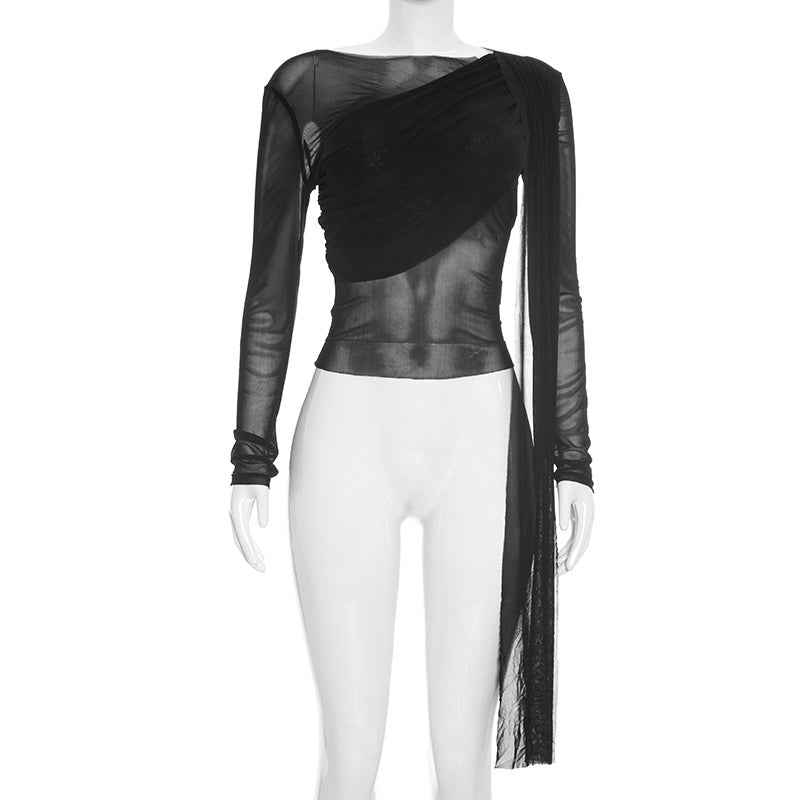 Off-Shoulder Mesh-Panel Sexy Long-Sleeve Top