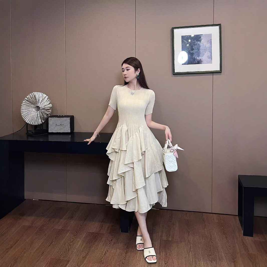Women's High-Waist Tiered Pleated Midi Dress