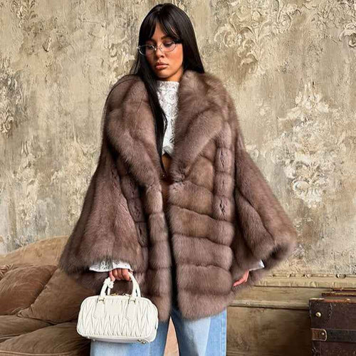 Elegant Color-blocked Fur Coat With A Lapel And Long Sleeves