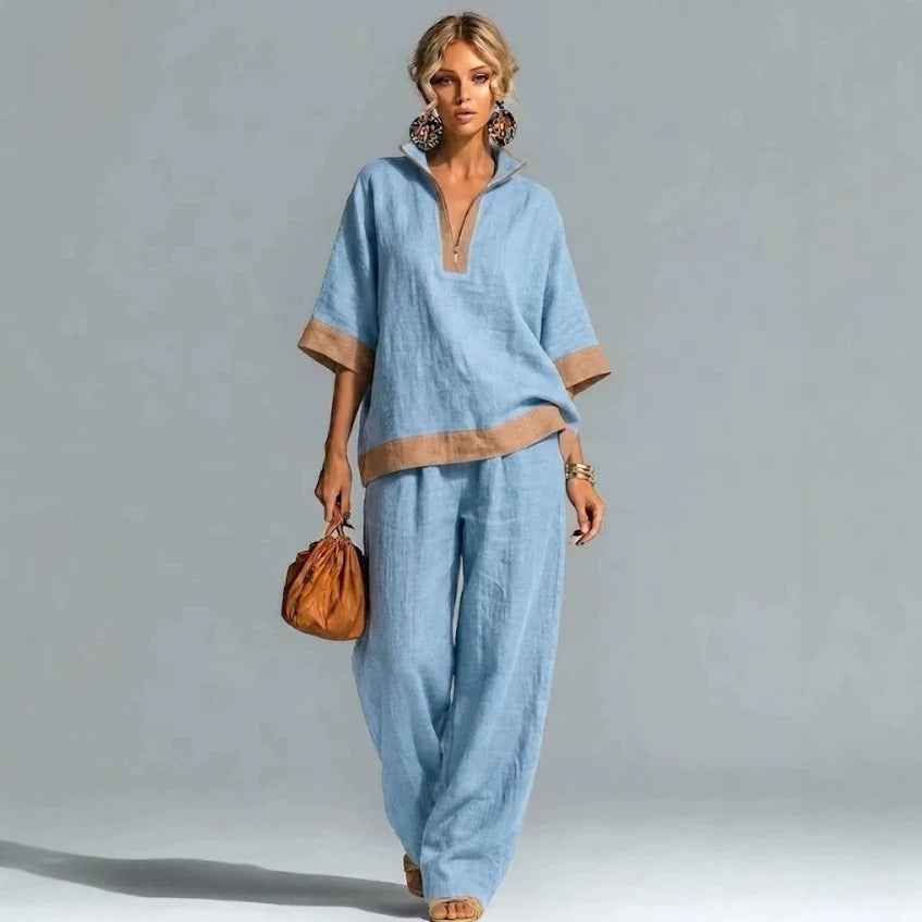 Colour-Block Half-Zip Linen-Cotton Shirt & Wide-Leg Pants – Women’s Casual Set