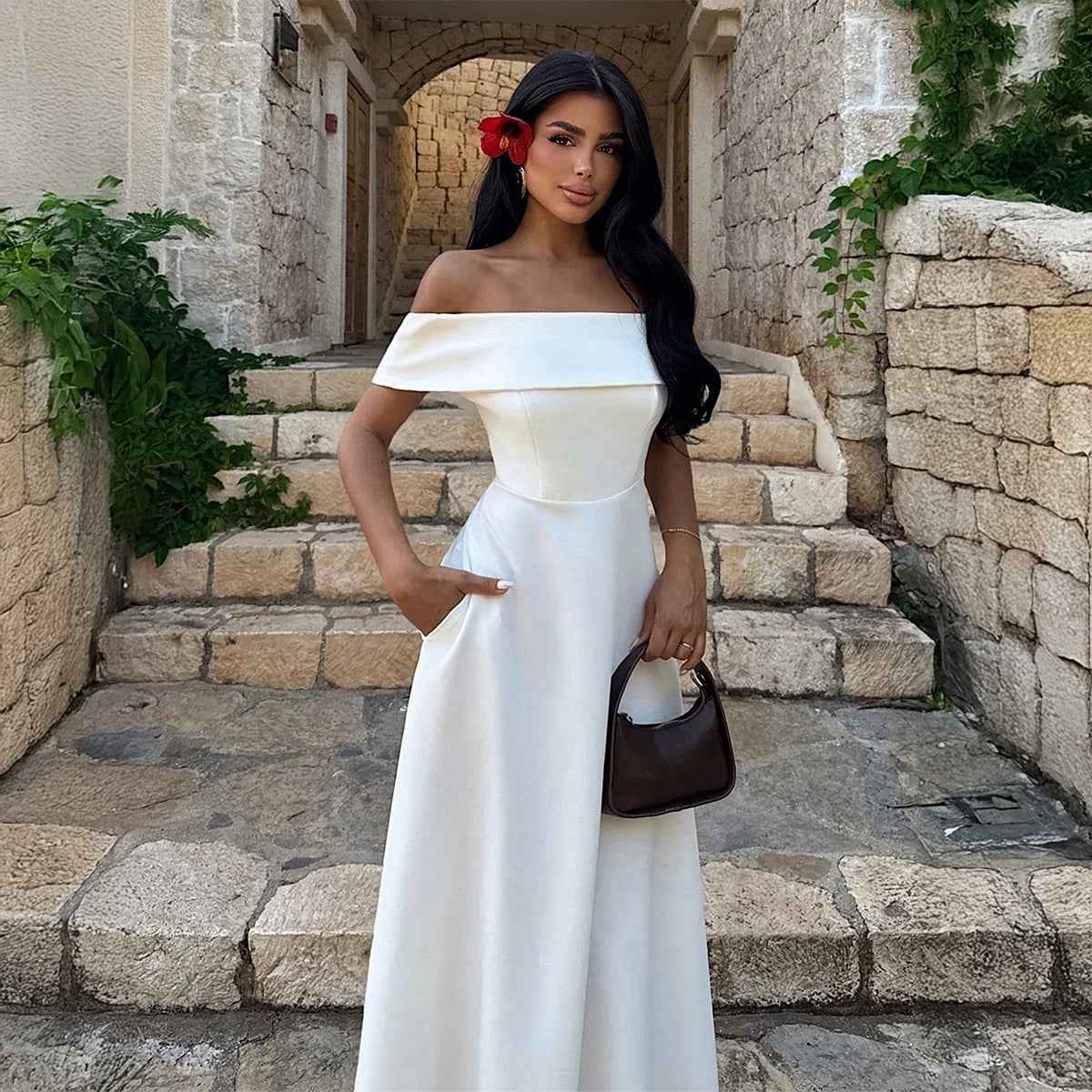 Off-Shoulder Fit & Flare Maxi Dress