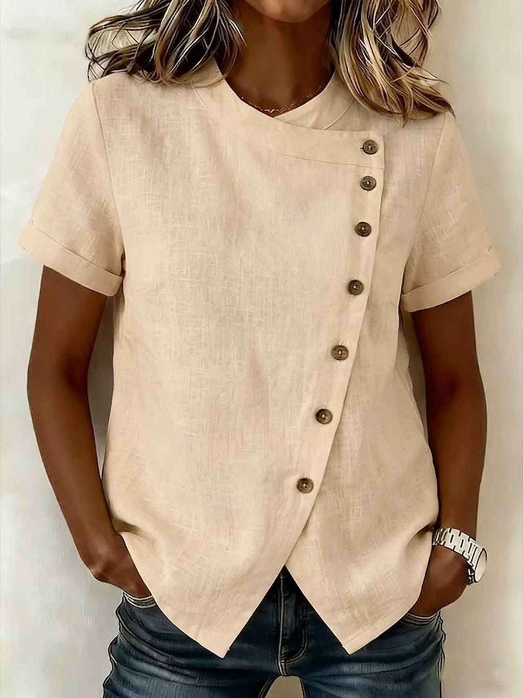 Cross-Neckline Asymmetrical Short-Sleeve Top – Loose Casual Fit
