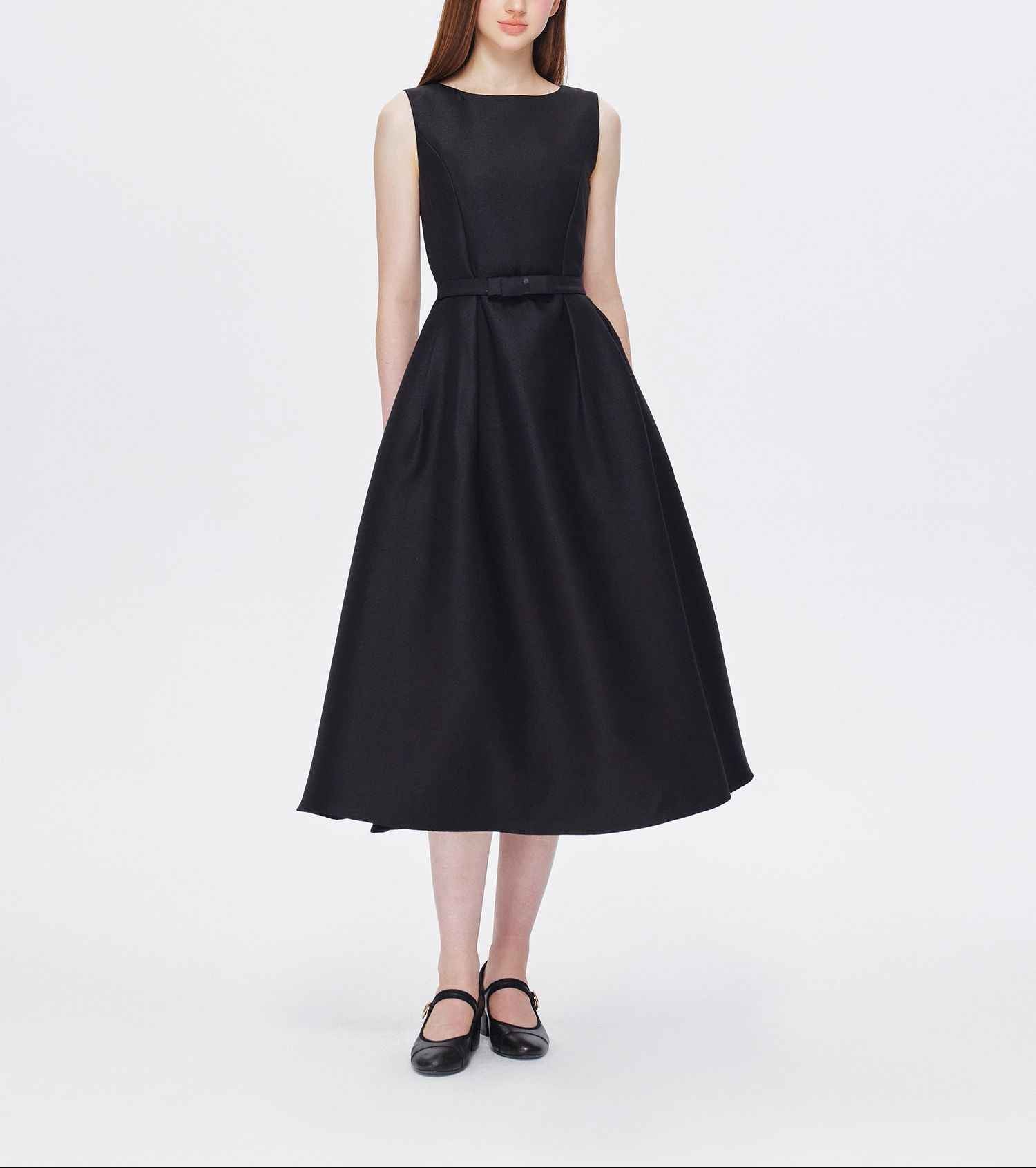 French Hepburn-Style A-Line Midi Dress – High Waist Sleeveless