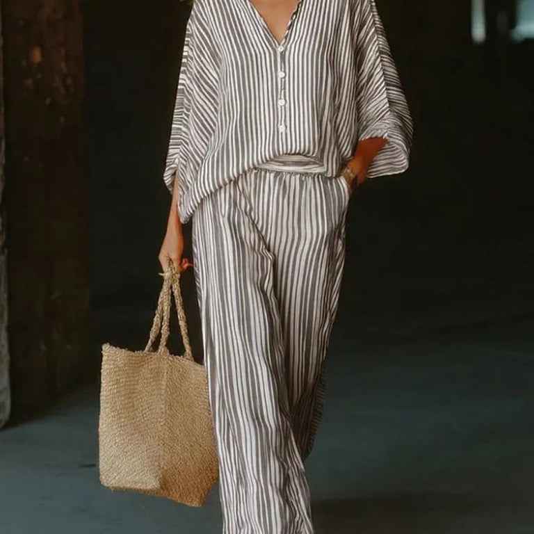 V-Neck Buttoned Cardigan & Full-Length Pants Set — Striped Two-Piece