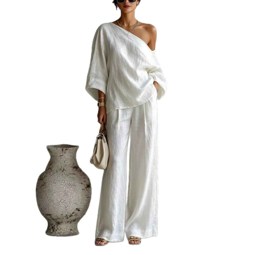 Off-Shoulder Knit Top & Wide-Leg Pants Set — 11 Colours