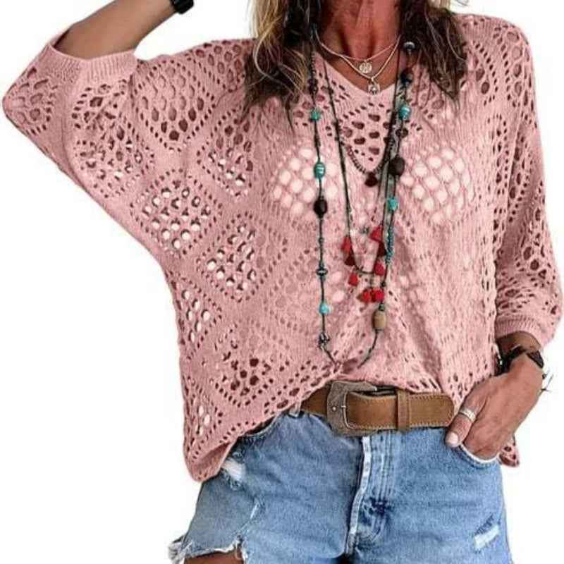 V-Neck Openwork Batwing Sleeve Sweater – Relaxed Knit Top