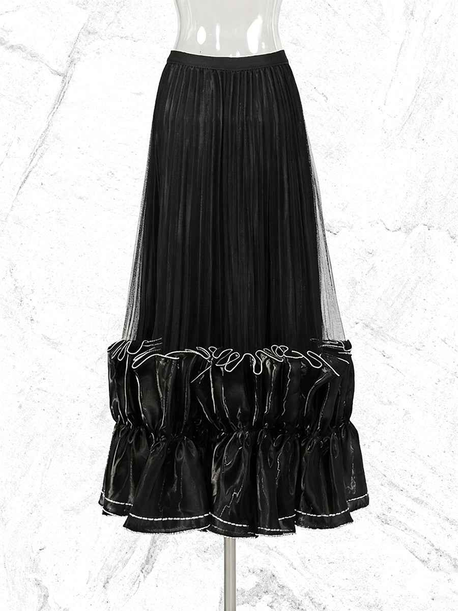 Pleated Ruffle Hem Midi Skirt – High Waist, A-Line