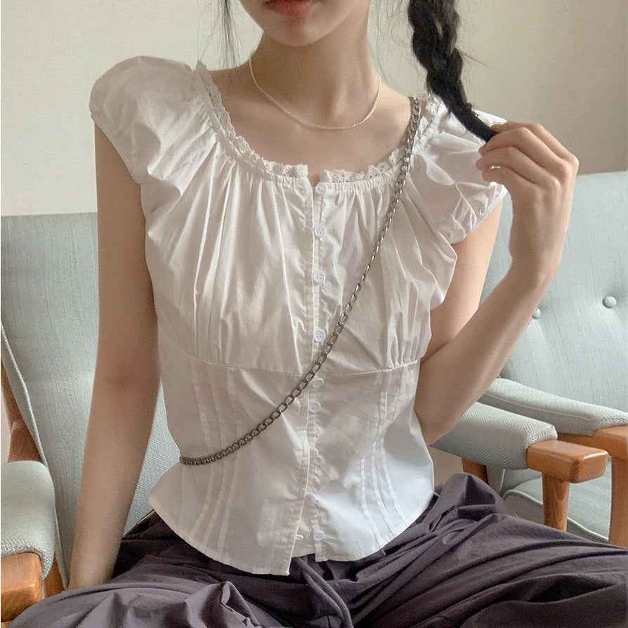Puff Sleeve Patchwork Blouse — Korean Style, Cotton Blend, Slim Fit