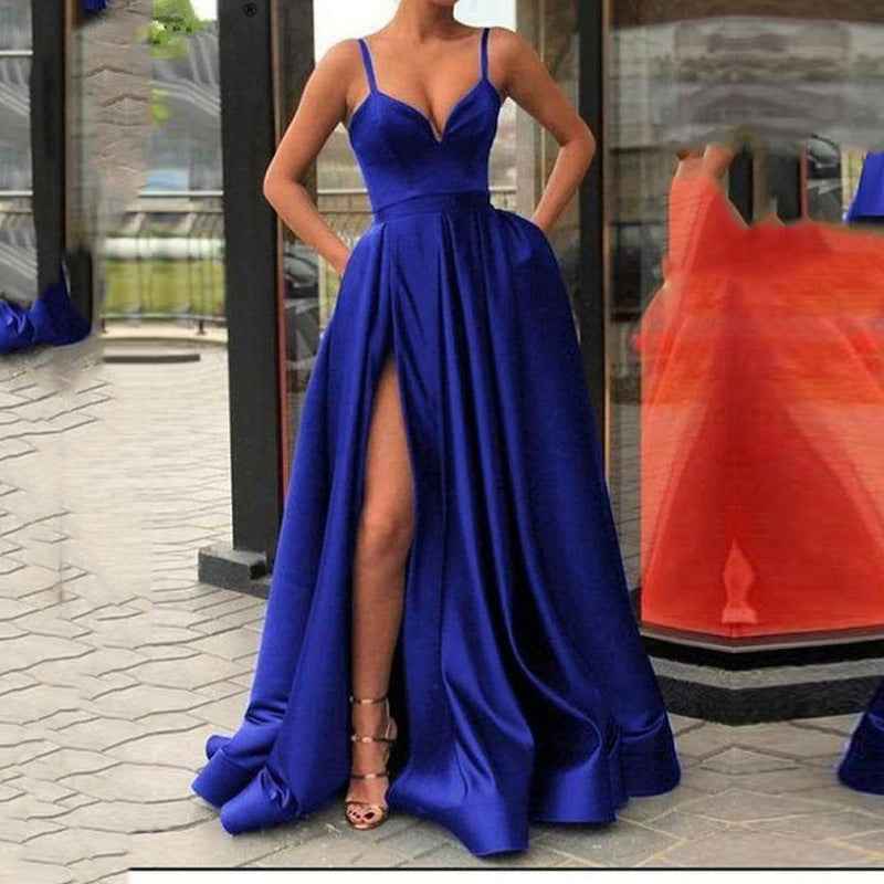 Slimming Color Slip Dress With A Trailing Satin Evening Gown For Banquets