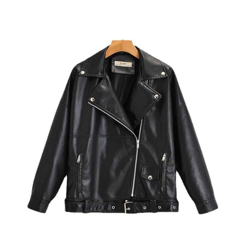 Faux Leather Biker Jacket with Turn-Down Collar