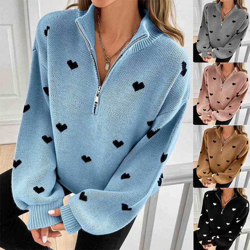 Womens Knitted Long-sleeve Sweater With A Heart-pattern Zipper