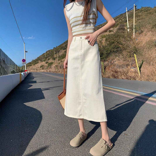 Beige Denim A-Line Midi Skirt