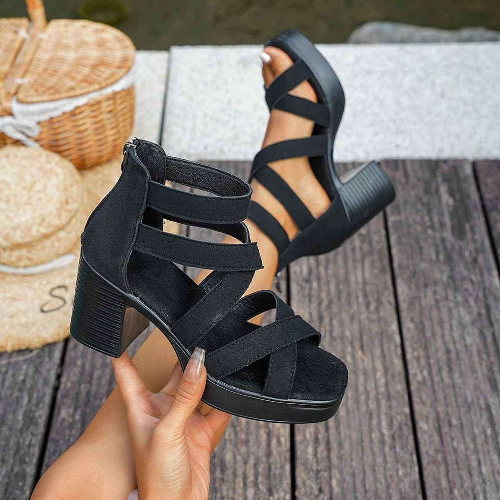Suede Buckle-Strap Square-Toe Peep-Toe Sandals