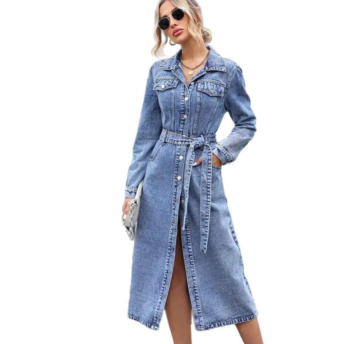 Elegant And Sophisticated Womens Shirt-collar A-line Dress With A Flared Skirt