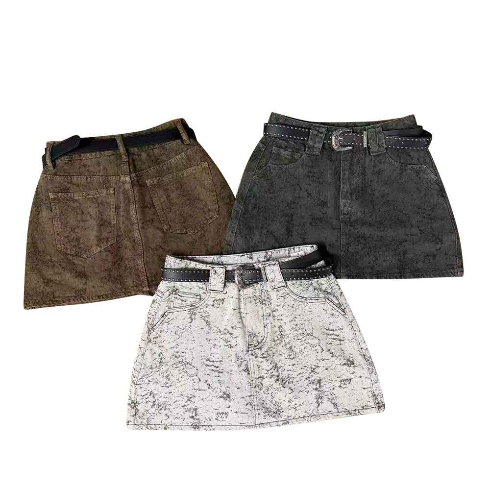 High-Waisted Tie-Dye Denim Skort with Belt – A-Line Mini with Built-in Shorts