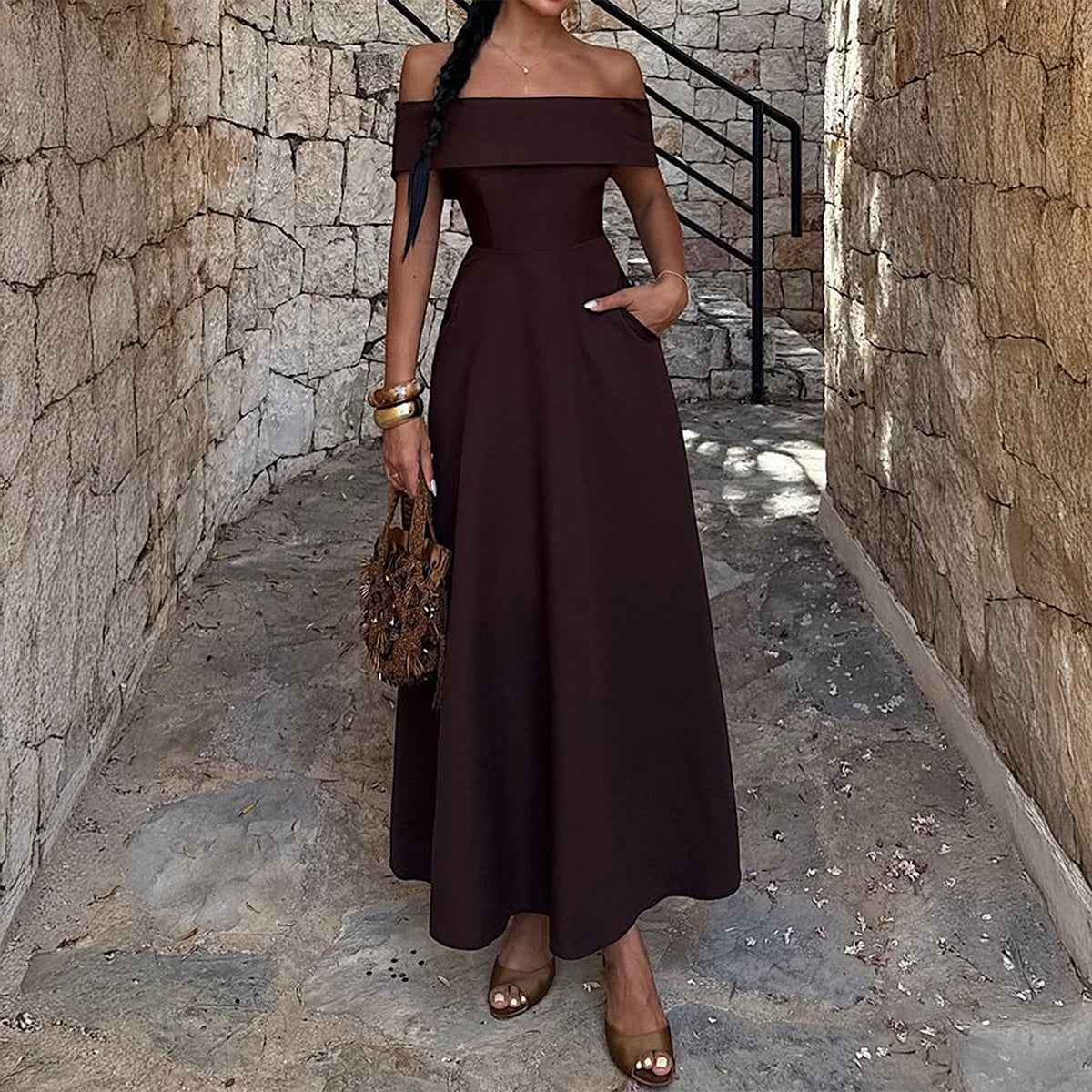 Off-Shoulder Fit & Flare Maxi Dress