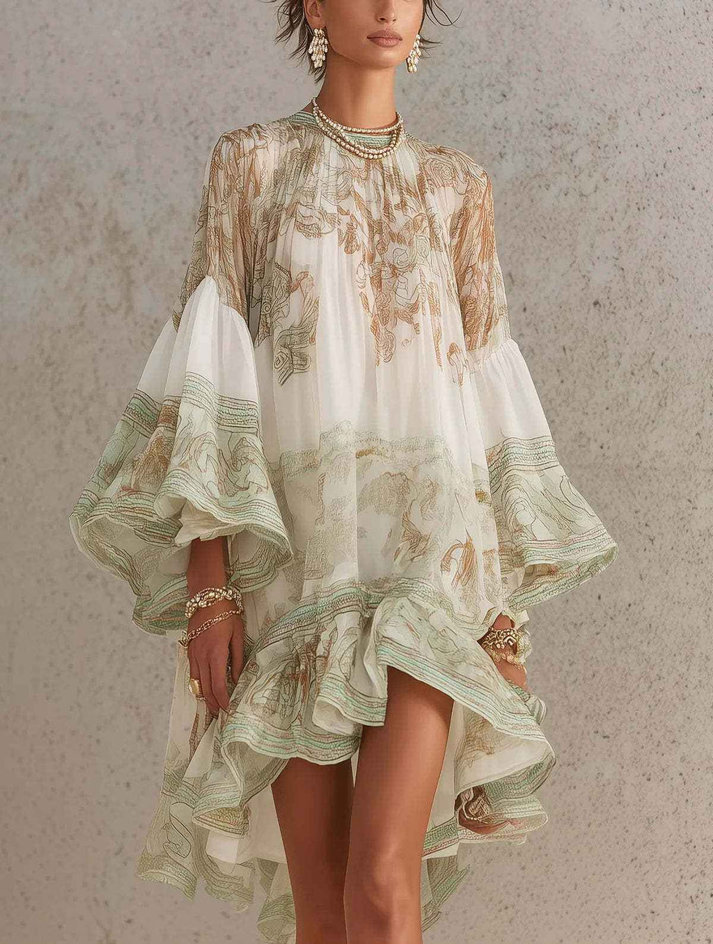 Chiffon Ruffle-Trim Midi Dress — Long Sleeve Resort Style