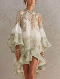 Chiffon Ruffle-Trim Midi Dress — Long Sleeve Resort Style