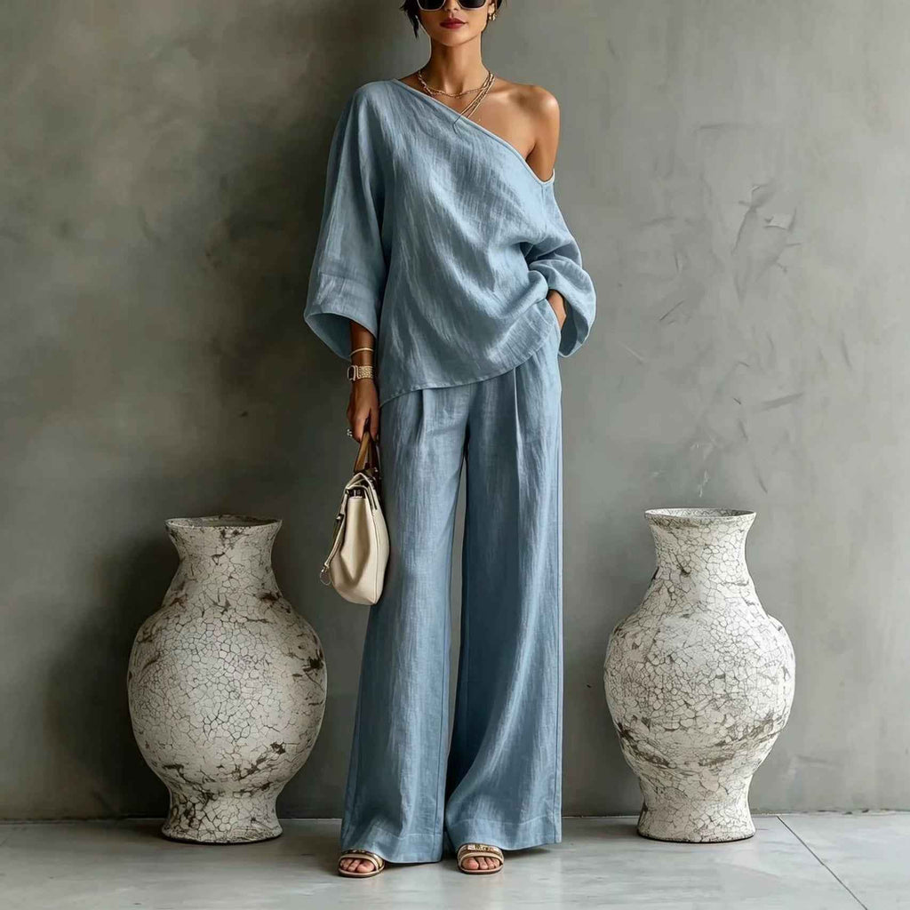 Off-Shoulder Knit Top & Wide-Leg Pants Set — 11 Colours