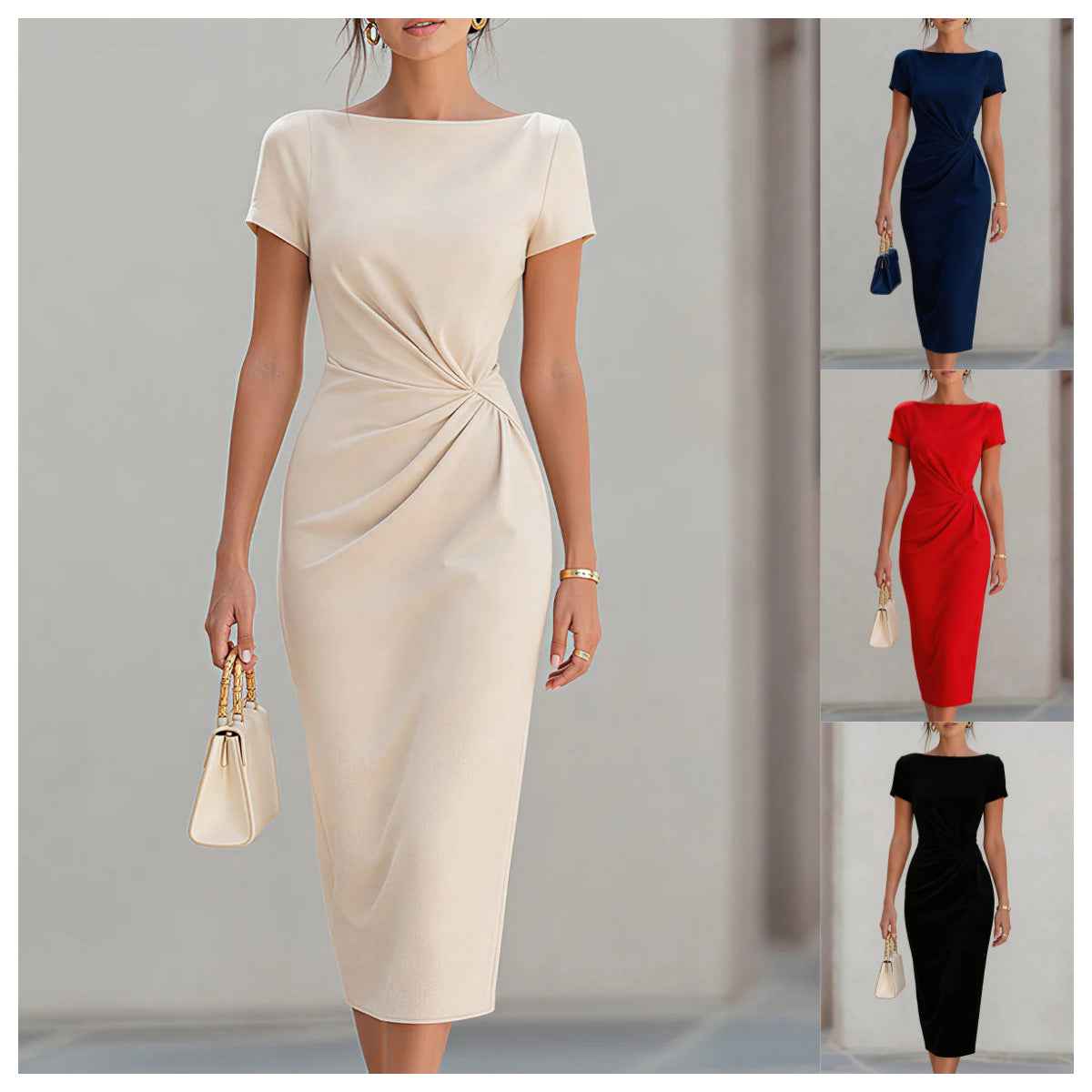 Women's Fitted Pleated Midi Dress