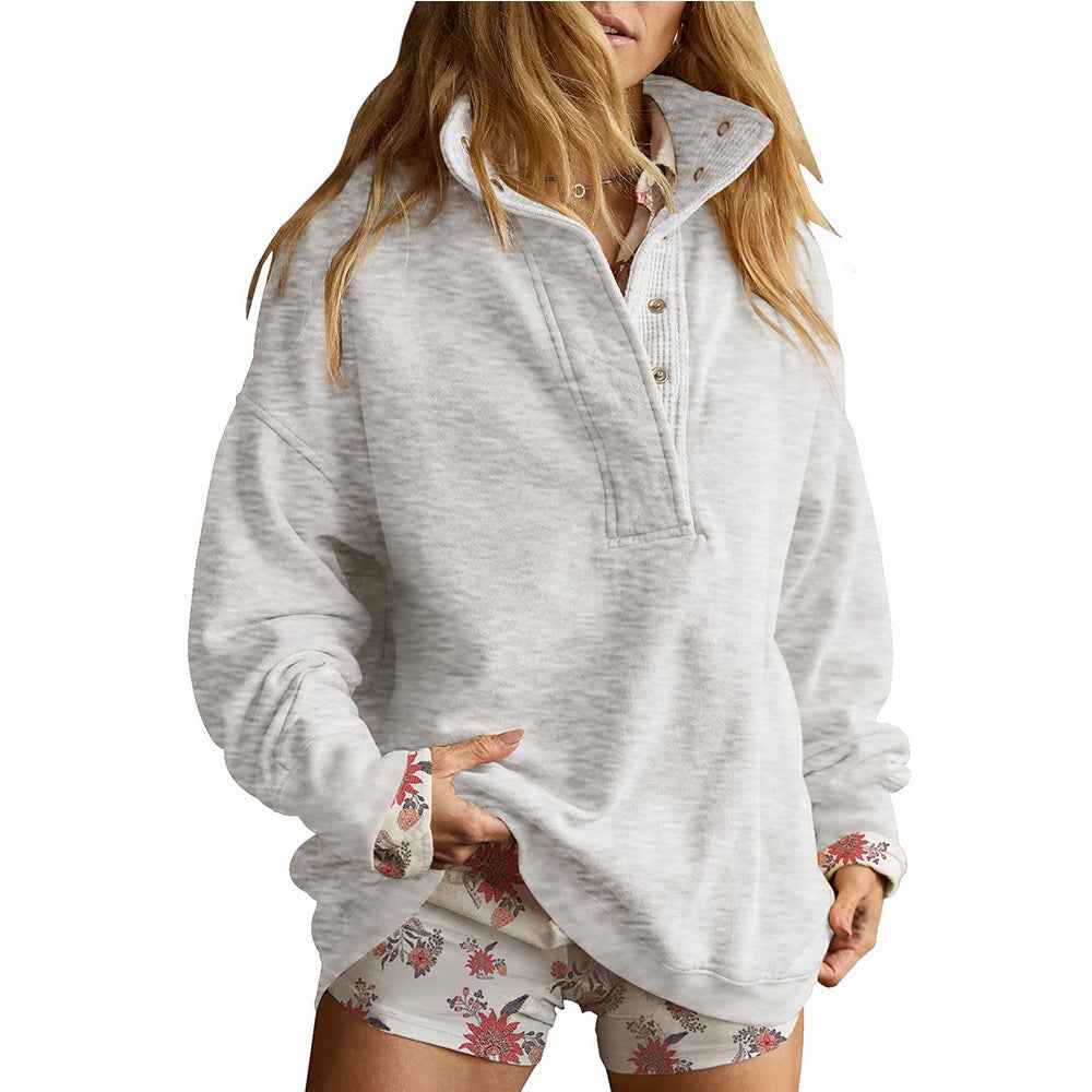 Women's Button-Neck Loose-Fit Long Sleeve Sweatshirt