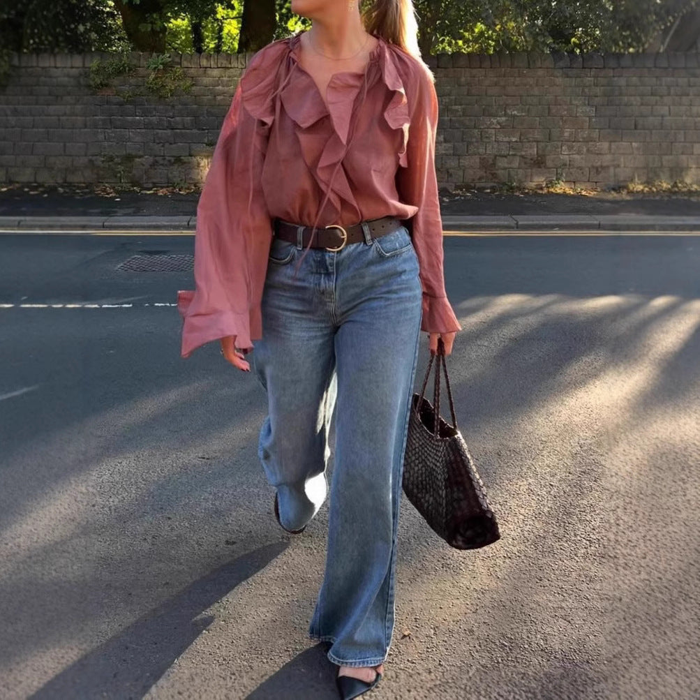 Lace-Up Flared Sleeve Pullover Blouse