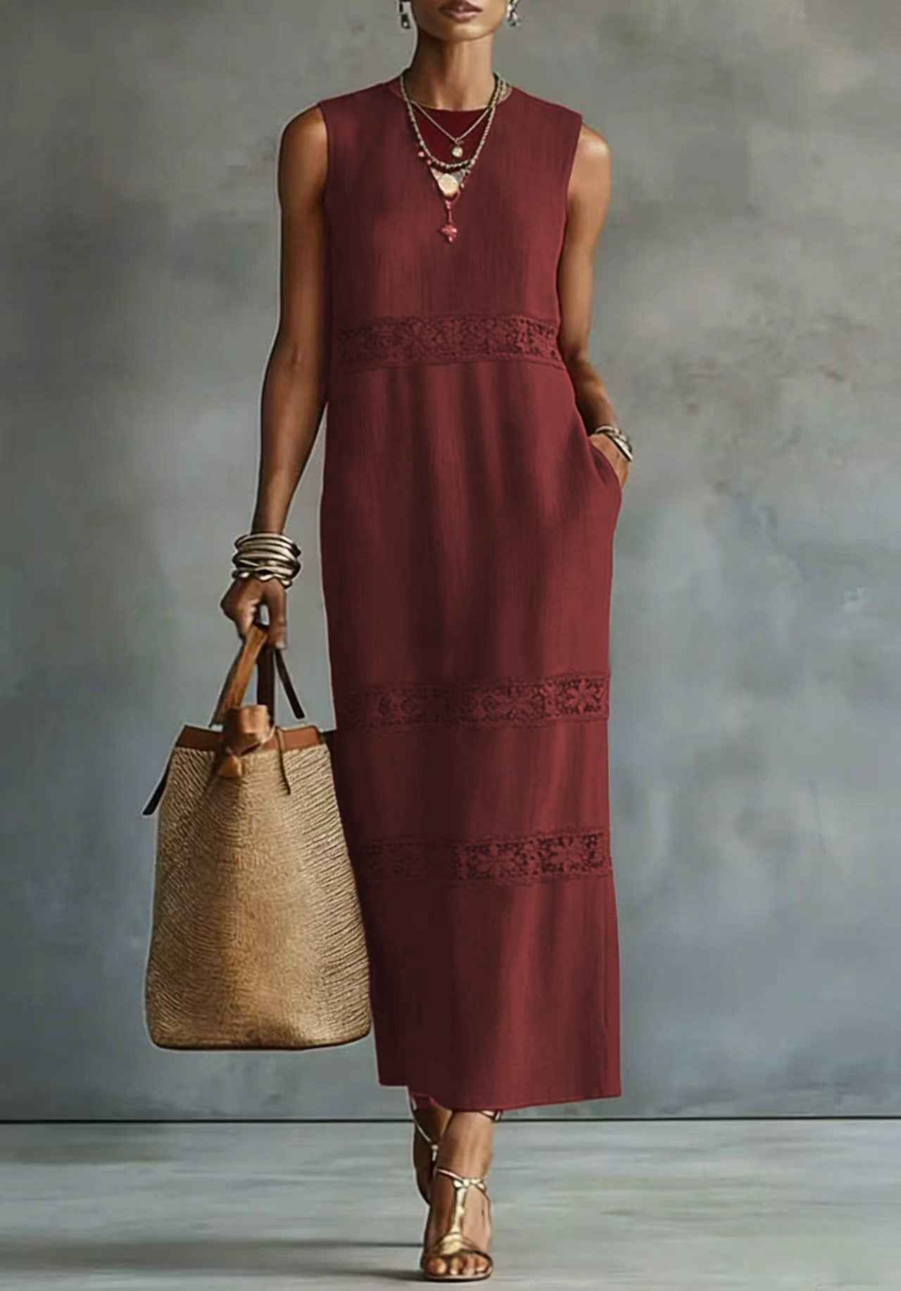 Womens Elegant Solid-color Lace Casual Dress