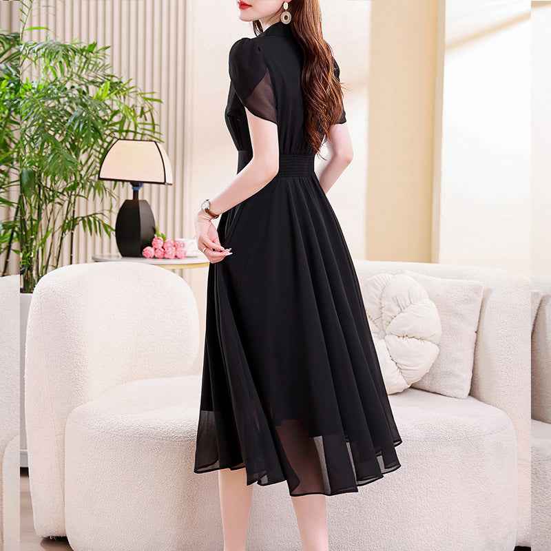 Chiffon Flared Midi Dress – Elastic Waist Cap Sleeve