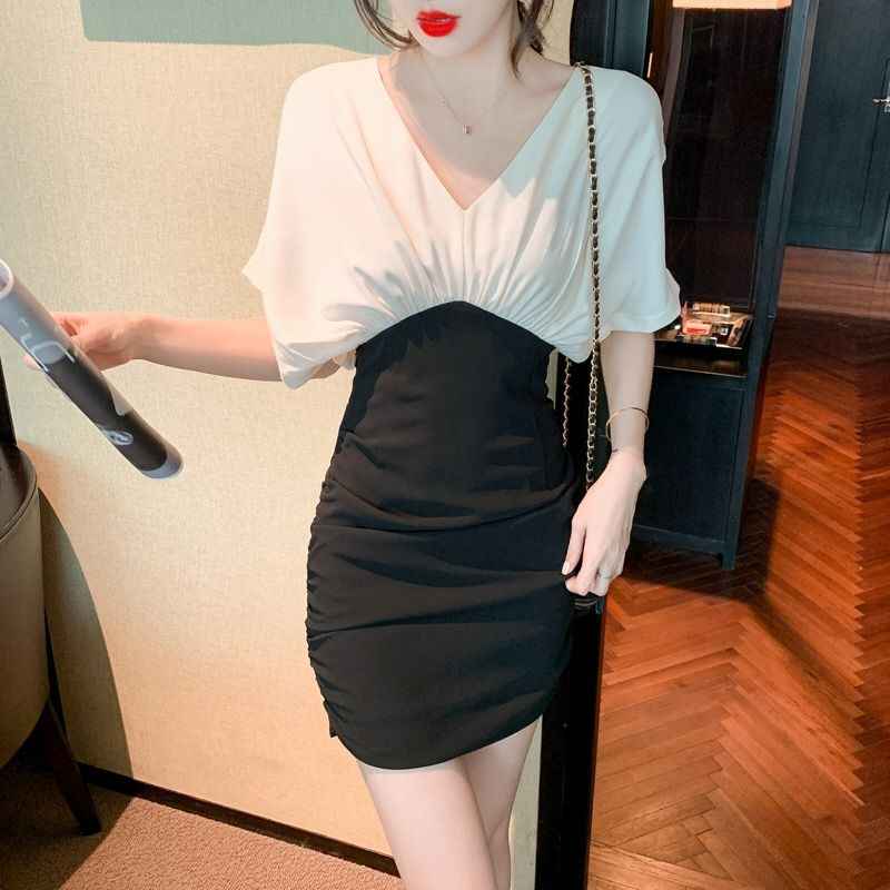 Women's Mock Two-Piece Ruched Bodycon Mini Dress — Black