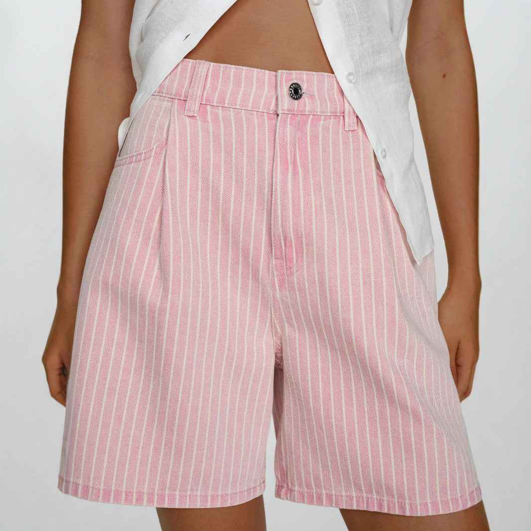 Fashionable Casual Striped Loose-fit High-waisted Plus-size Denim Shorts