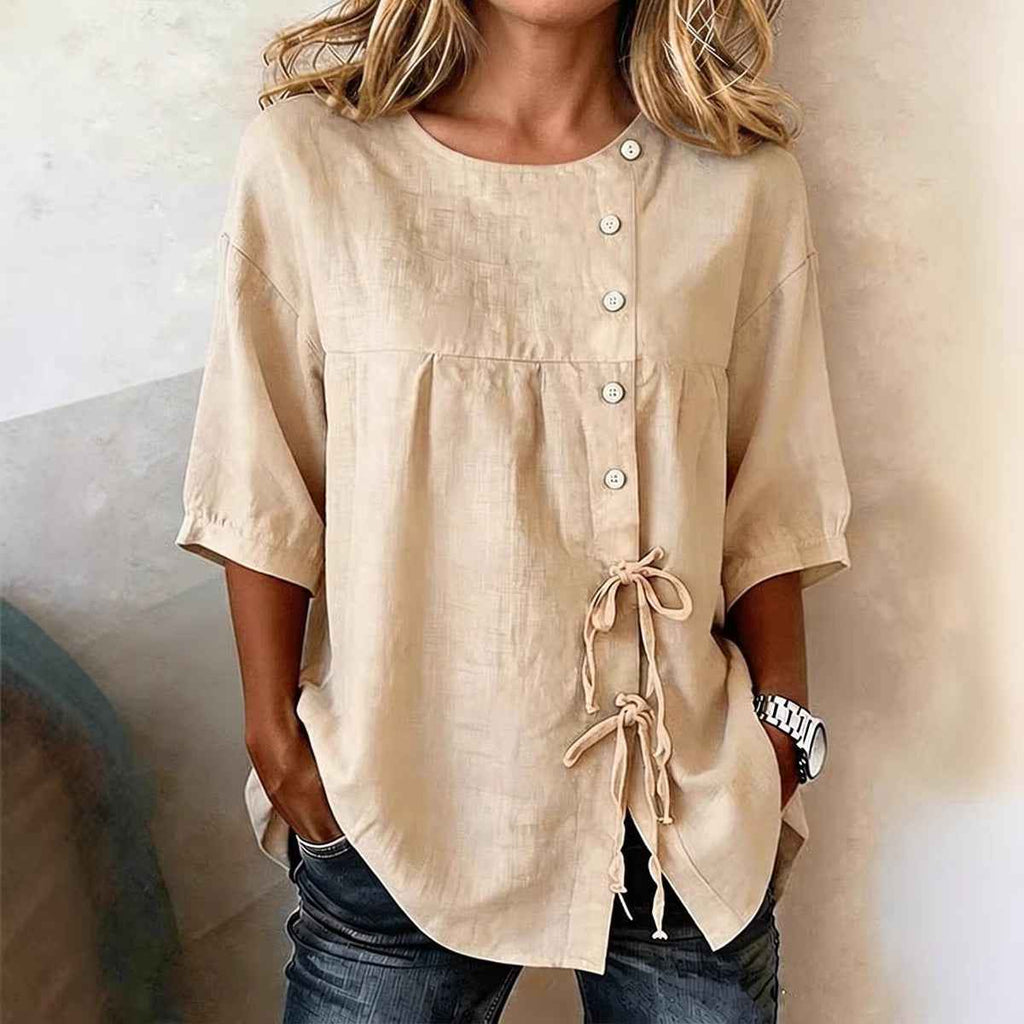 Lace-Up Button Linen Shirt – Asymmetric Three-Quarter Sleeve