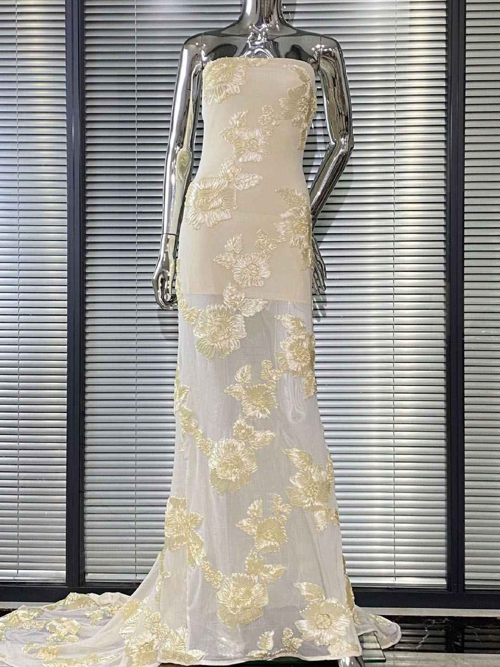 Strapless Floral Lace Appliqué Tulle Mermaid Gown with Train