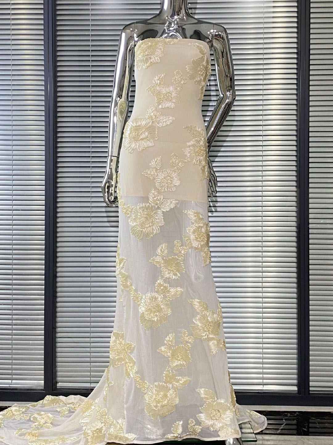 Strapless Floral Lace Appliqué Tulle Mermaid Gown with Train