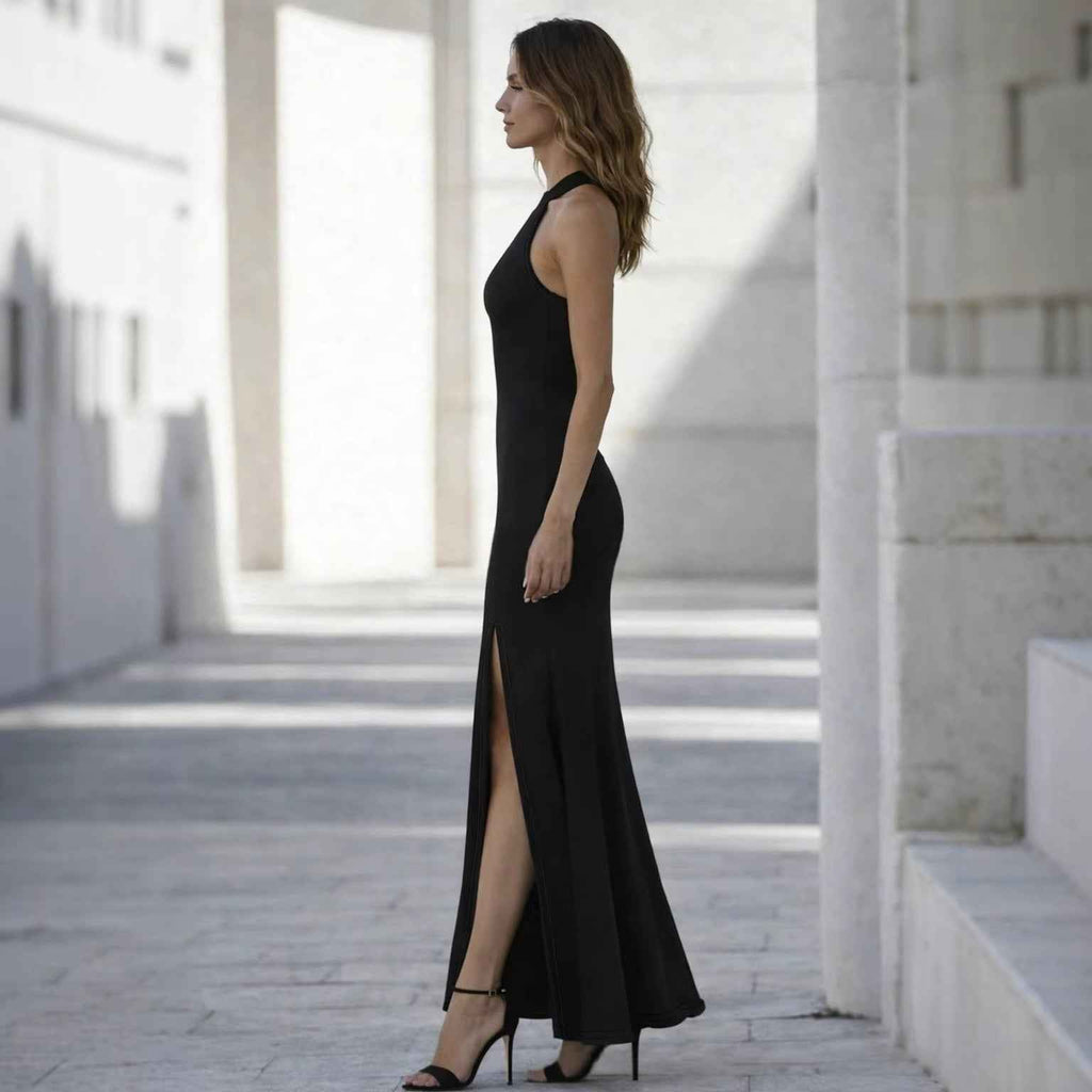 Sleeveless Halter Neck Patchwork Slim-Fit Maxi Dress with Side Slit