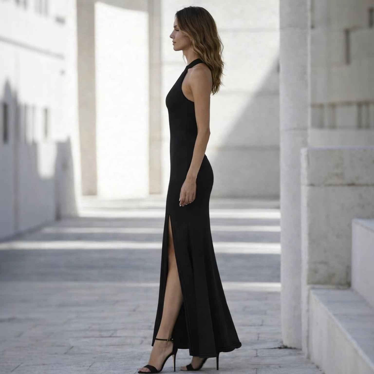 Sleeveless Halter Neck Patchwork Slim-Fit Maxi Dress with Side Slit
