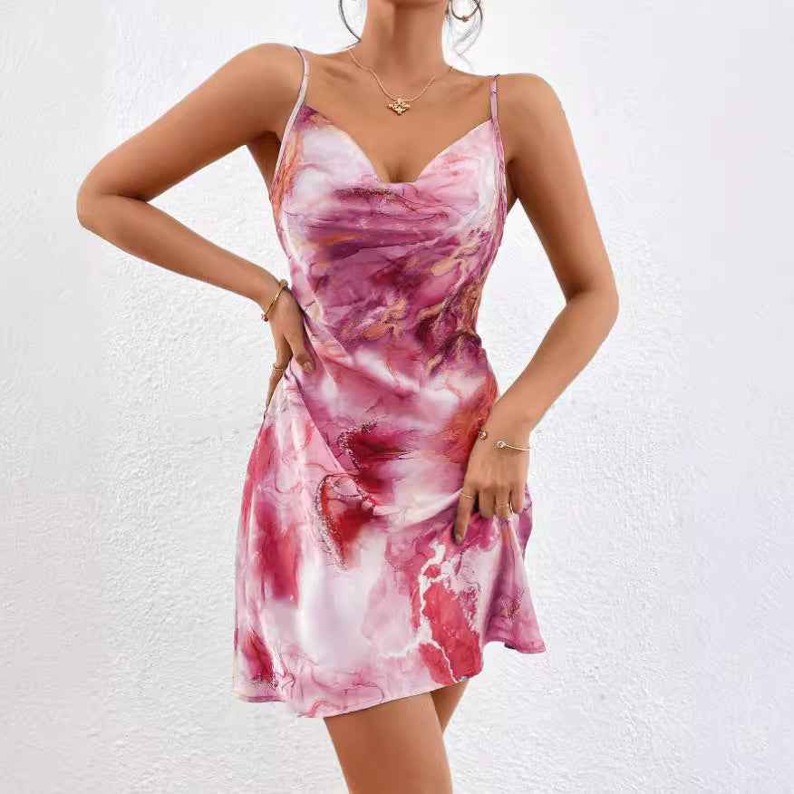 3D Embossed Print Waist-Tied Sleeveless Midi Strap Dress