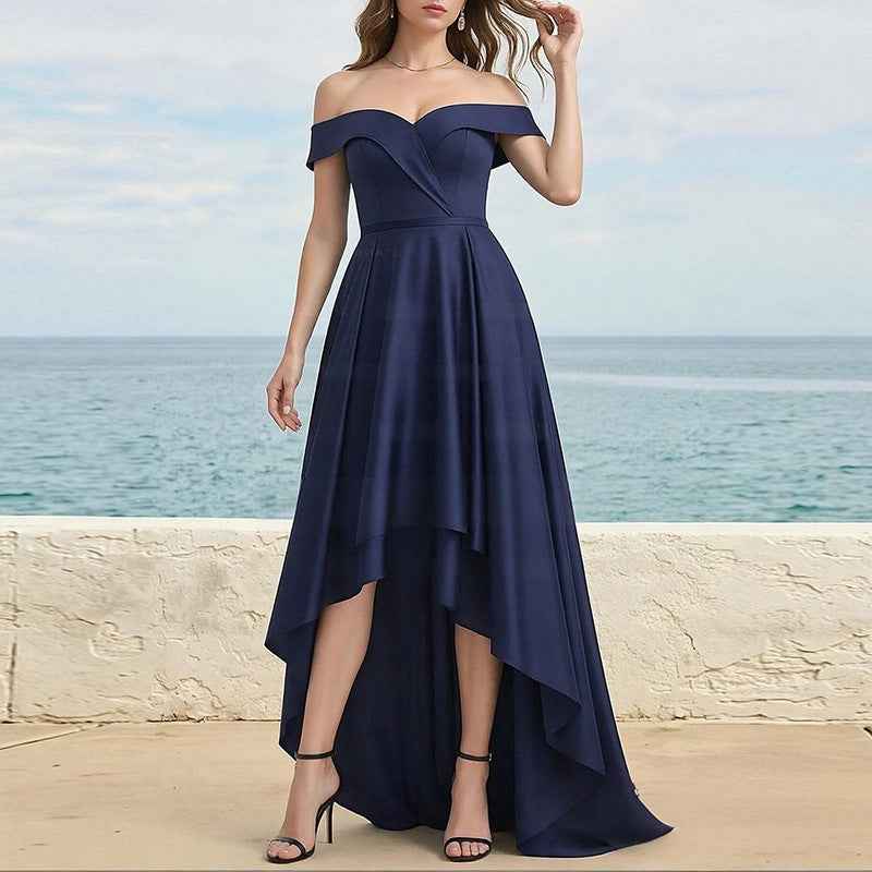Womens Solid-Color Irregular French-Style Flowy Long Dress