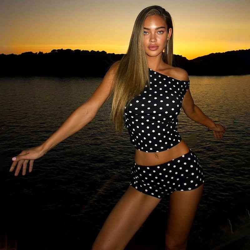 Women's Polka Dot Crop Top & Bodycon Shorts Co-Ord Set — Black