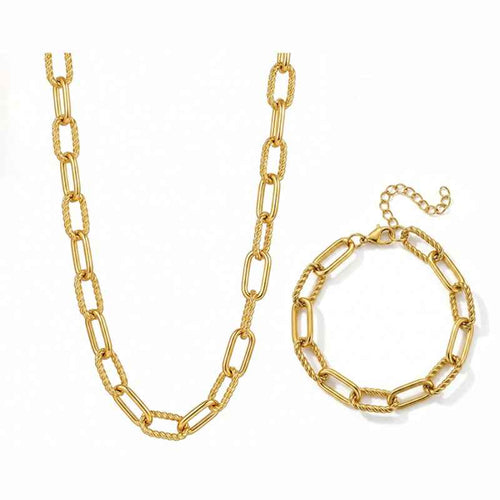 2Pcs Chunky Paperclip Chain Jewelry Set For Women, 18K Gold Plated Stainless Steel Thick Twist Rope Link Necklace Bracelet Combo, Statement Gift Set