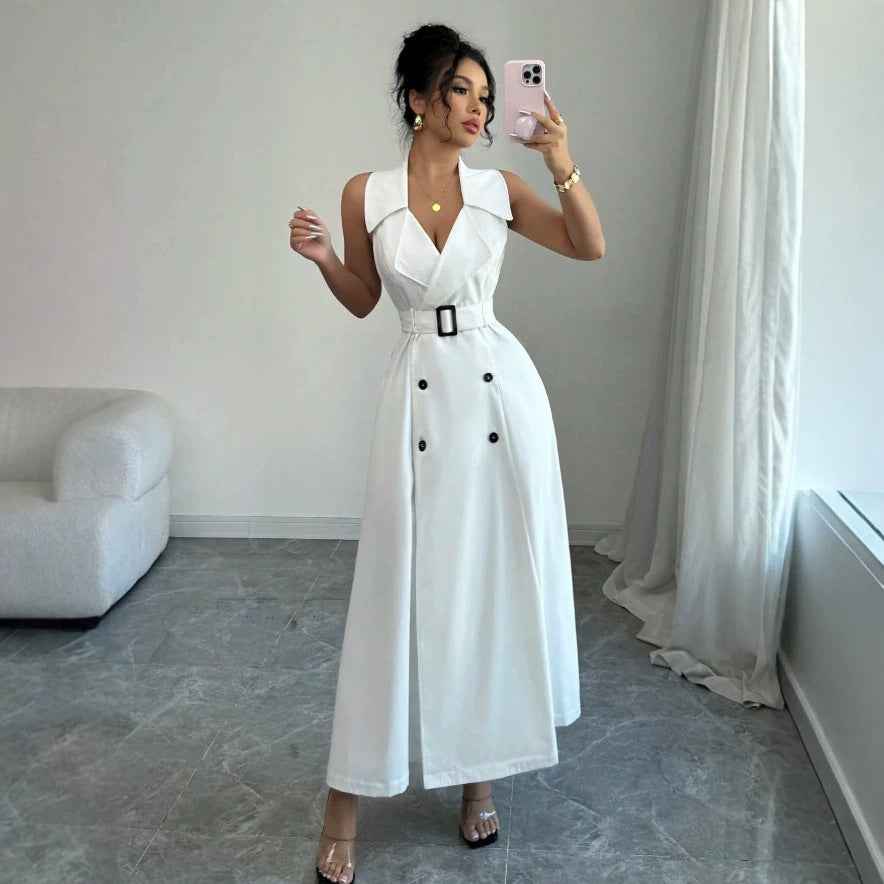 Sleeveless Double-Breasted Polo Collar A-Line Mini Dress